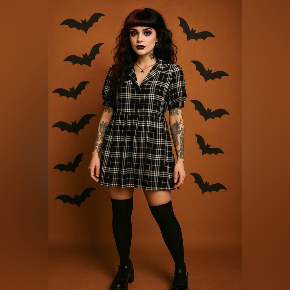 Harper Whimsygoth Black White Plaid Collared Babydoll Mini Dress Fall Addams S - Picture 1 of 6